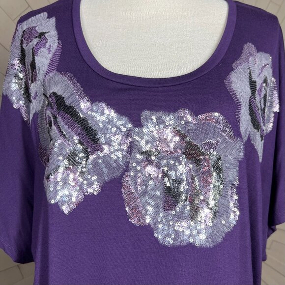 Karen Kane Purple Sequin Bling Floral Short Sleeve Tee T-Shirt Top Size XL - Picture 3 of 8